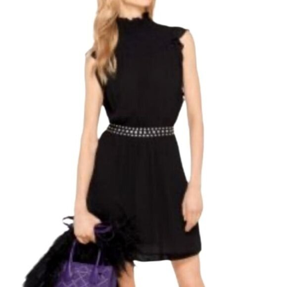 Michael Kors Dresses & Skirts - Michael Kors Black Dress Smocked Ruffle Detail Studded With Pockets Size Medium
